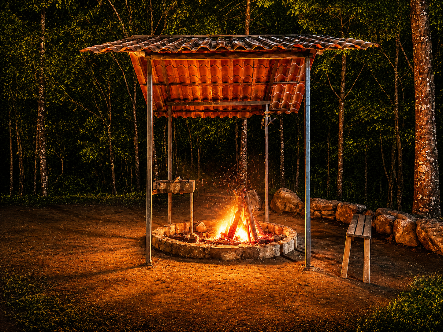 The property glowing warmly under a night sky around the campfire