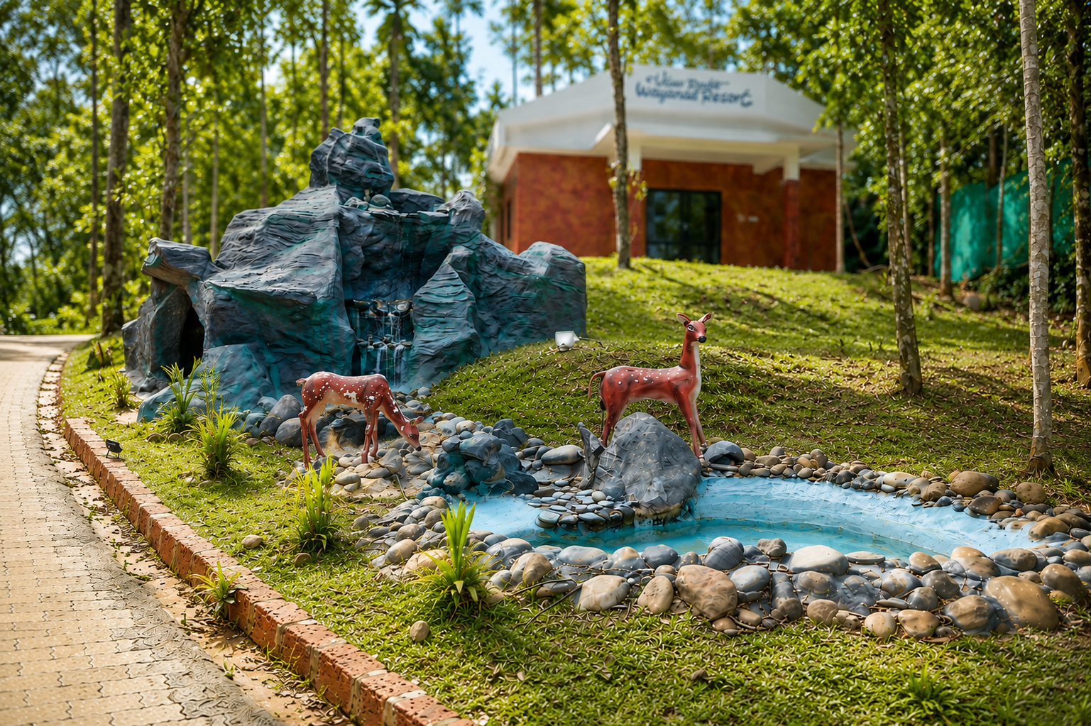 A beautifully landscaped garden with flowing water, natural stone and forest surroundings